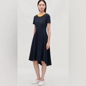 COS Navy Blue and Yellow Preppy Twee Modern Crew Neck Jersey Midi Dress, Size XS